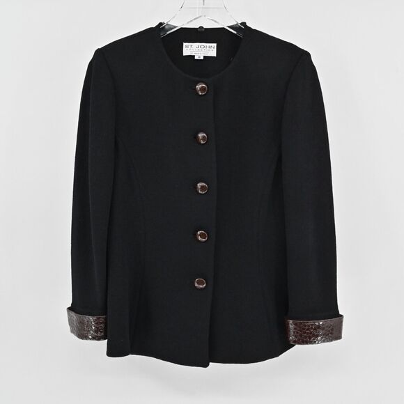 ST JOHN Jacket Womens Sz 10 Santana Knit Removable Collar Button Front Croc Trim - Picture 2 of 12